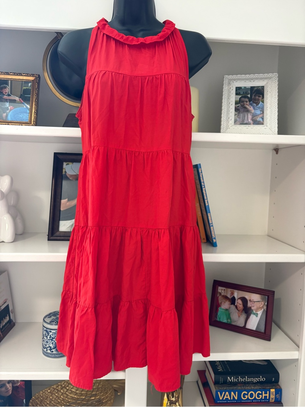 Pinch Red Ruffle Neck Tiered Sleeveless Dress